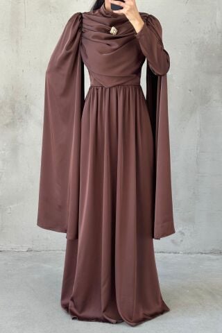 Flowing Brooch Detailed Satin Hijab Evening Dress Brown