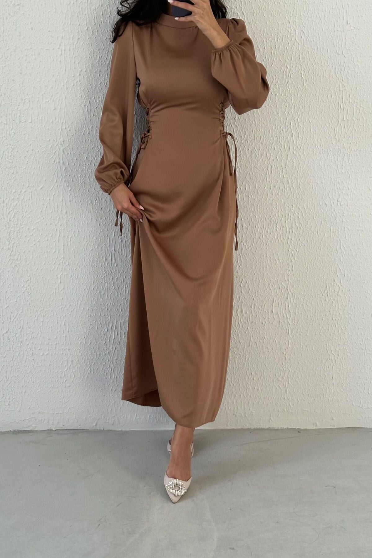 Waist Tie Detailed Satin Hijab Evening Dress Copper