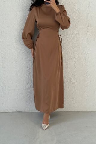 Waist Tie Detailed Satin Hijab Evening Dress Copper