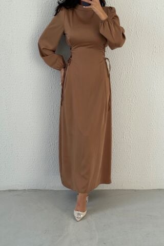 Waist Tie Detailed Satin Hijab Evening Dress Copper