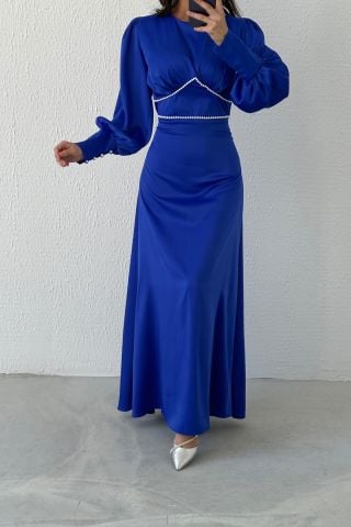 Eşsiz İnci Detaylı Saten Tesettür Abiye Saks Mavisi