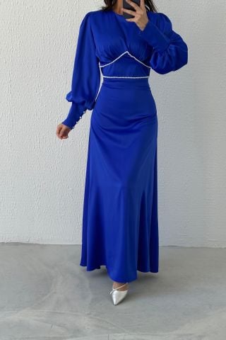 Eşsiz İnci Detaylı Saten Tesettür Abiye Saks Mavisi