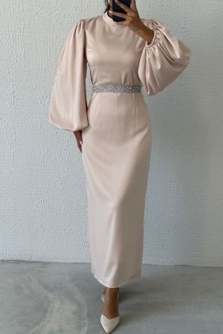 Saten Şıklığı Taş Kemerli Tesettür Abiye Taş