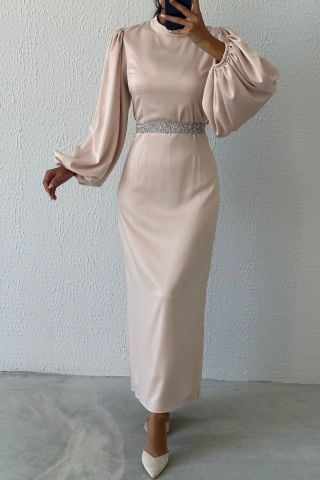 Saten Şıklığı Taş Kemerli Tesettür Abiye Taş