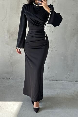 Unique Drape and Stone Detailed Satin Hijab Evening Dress Black