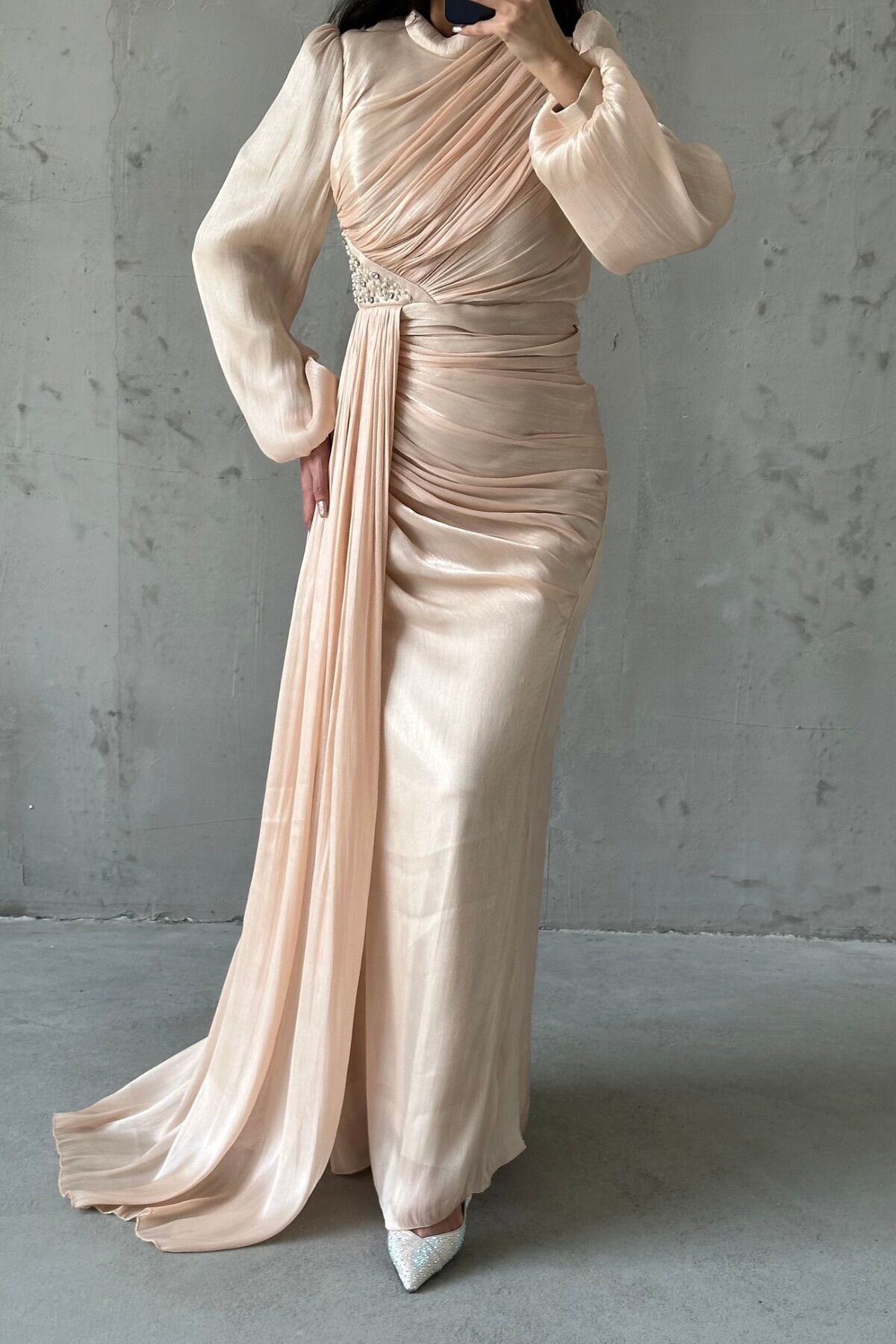 Drape ve Kuyruk Detaylı Tesettür Abiye Bakır