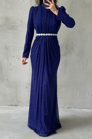 Işıltılı Belden Taş Detaylı Örme Sim Tesettür Abiye Saks Mavisi