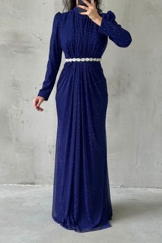 Işıltılı Belden Taş Detaylı Örme Sim Tesettür Abiye Saks Mavisi