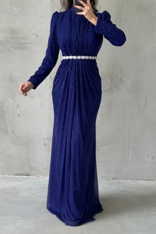 Işıltılı Belden Taş Detaylı Örme Sim Tesettür Abiye Saks Mavisi