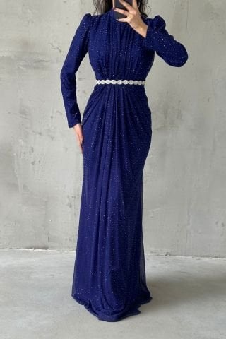 Sparkly Waist Stone Detailed Knitted Glitter Hijab Evening Dress Saxe Blue