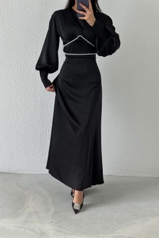 Eşsiz İnci Detaylı Saten Tesettür Abiye Siyah