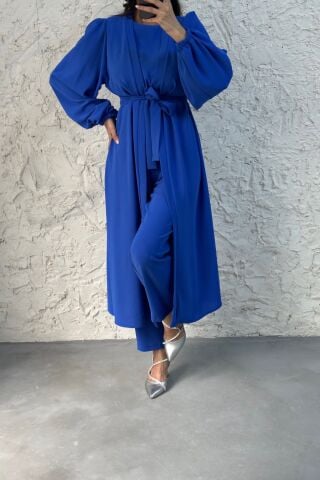 Kimonolu Üçlü Tesettür Takım Mavi