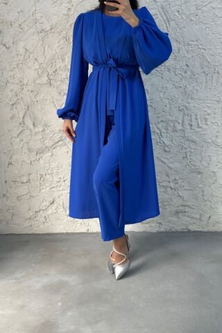 Kimonolu Üçlü Tesettür Takım Mavi