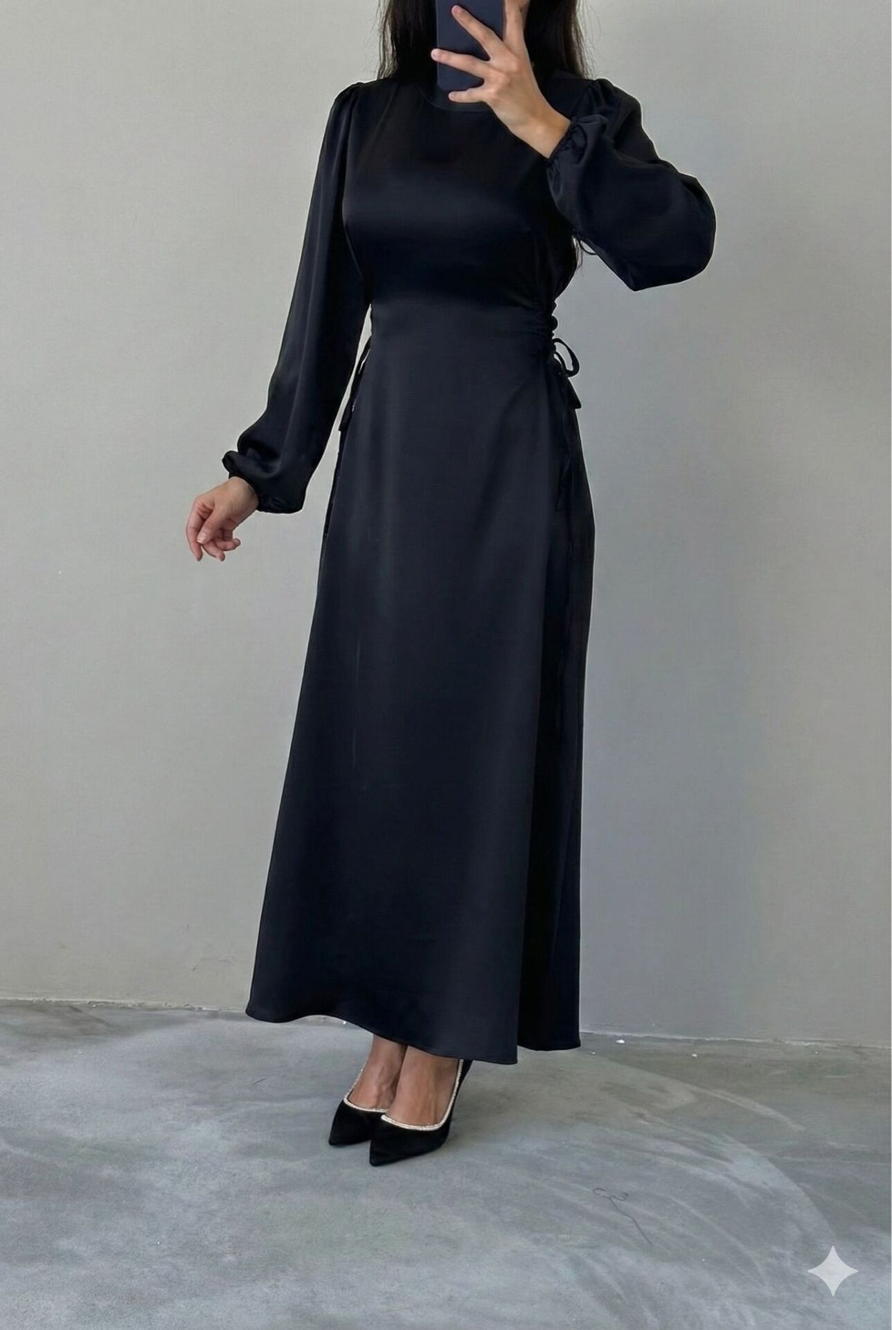 Satin Hijab Evening Dress with Waist Tie Detail, Black
