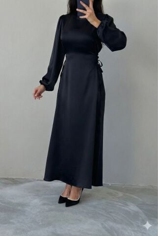 Satin Hijab Evening Dress with Waist Tie Detail, Black