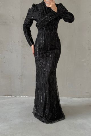 Elegant Design Sequin Hijab Evening Dress Black
