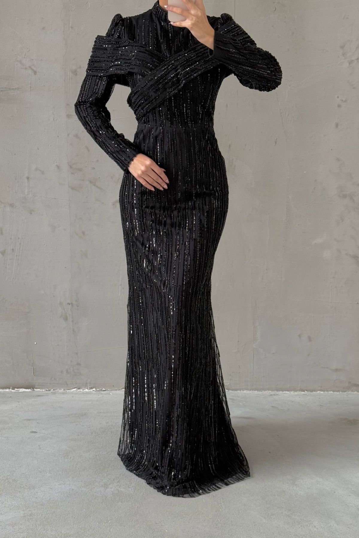Elegant Design Sequin Hijab Evening Dress Black