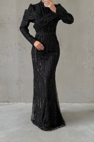 Elegant Design Sequin Hijab Evening Dress Black