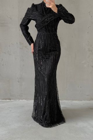 Elegant Design Sequin Hijab Evening Dress Black