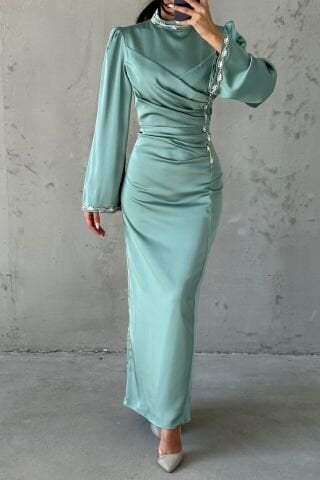 Eşsiz Drape Ve Taş Detaylı Saten Tesettür Abiye Mint Yeşili