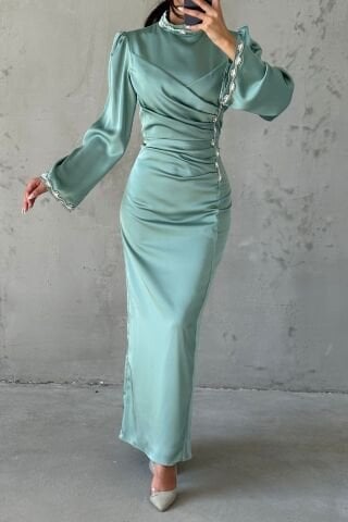 Eşsiz Drape Ve Taş Detaylı Saten Tesettür Abiye Mint Yeşili