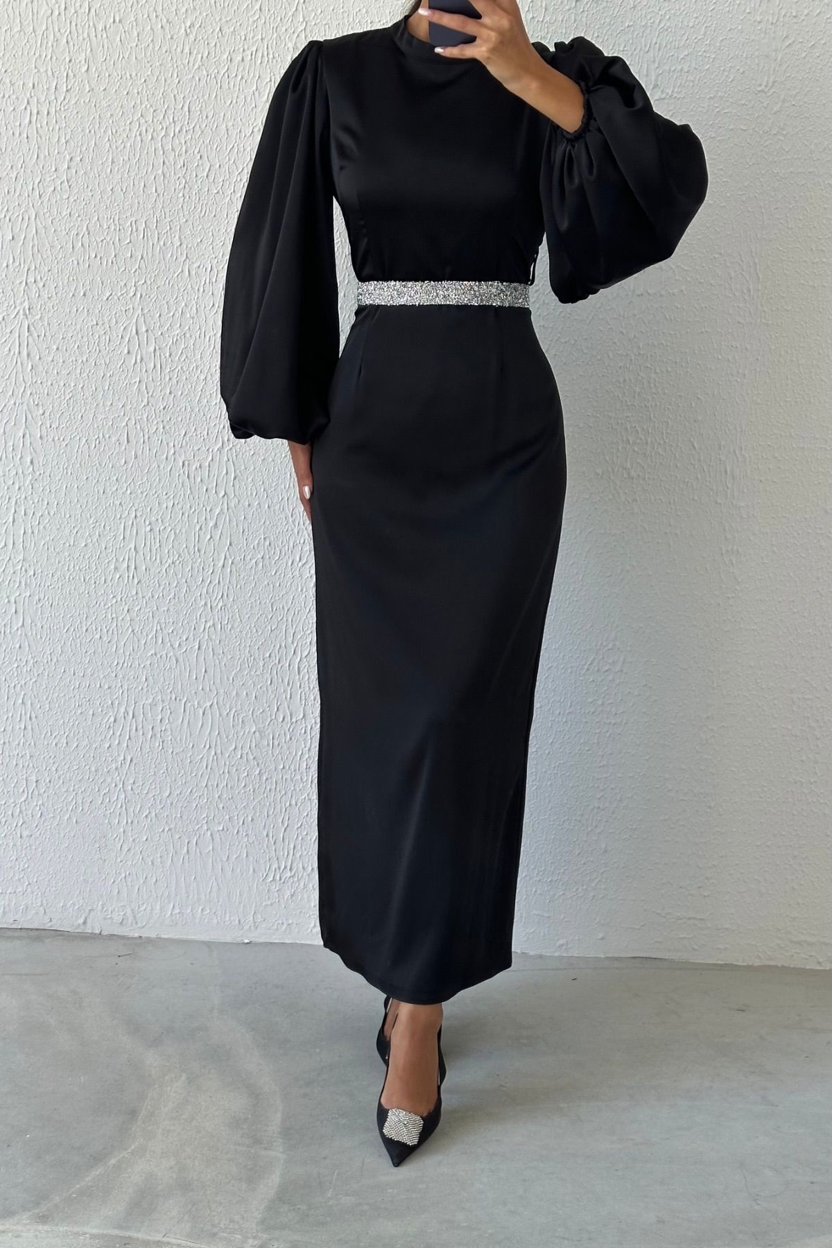 Satin Elegance Stone Belted Hijab Evening Dress Black