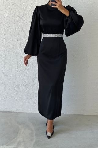 Satin Elegance Stone Belted Hijab Evening Dress Black