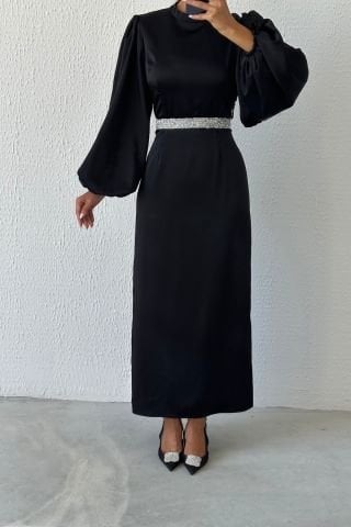 Satin Elegance Stone Belted Hijab Evening Dress Black