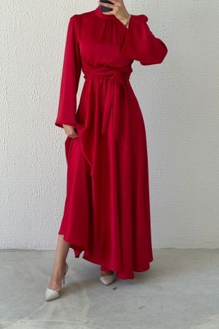Flowing Elegance: Flounce Sleeve Satin Hijab Evening Dress Red