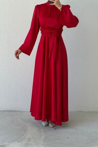 Flowing Elegance: Flounce Sleeve Satin Hijab Evening Dress Red