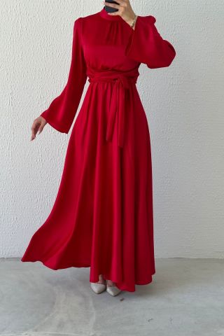 Flowing Elegance: Flounce Sleeve Satin Hijab Evening Dress Red