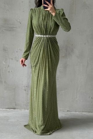 Işıltılı Belden Taş Detaylı Örme Sim Tesettür Abiye Haki