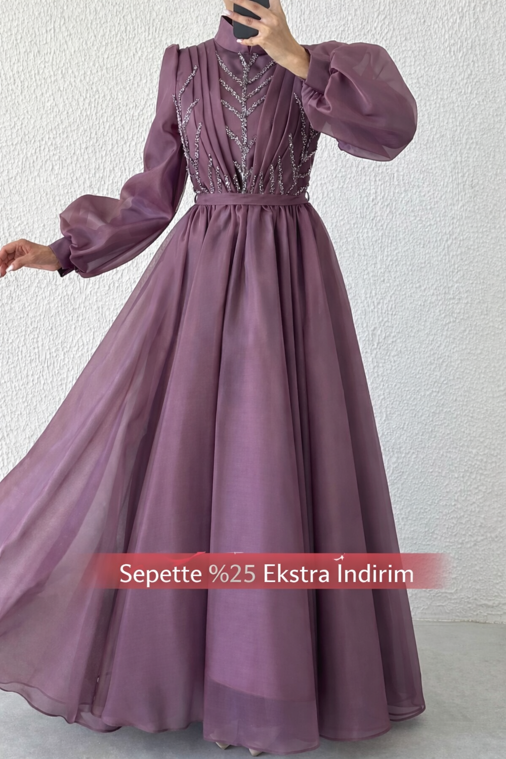 Balon Kol İşlemeli Organze Tesettür Abiye Lila