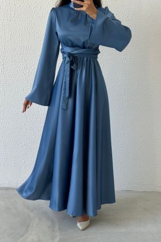 Flowing Elegance: Flounce Sleeve Satin Hijab Evening Dress Indigo