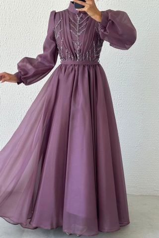 Balon Kol İşlemeli Organze Tesettür Abiye Lila