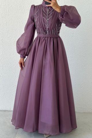 Balon Kol İşlemeli Organze Tesettür Abiye Lila