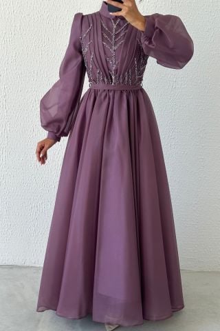 Balon Kol İşlemeli Organze Tesettür Abiye Lila