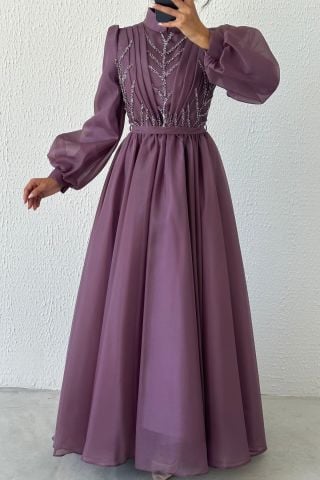 Balon Kol İşlemeli Organze Tesettür Abiye Lila