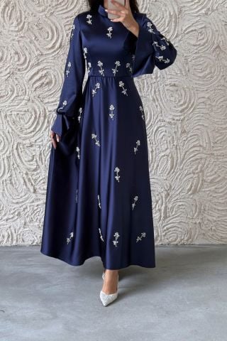 Satin Hijab Evening Dress Navy Blue Fascinating with Its Details