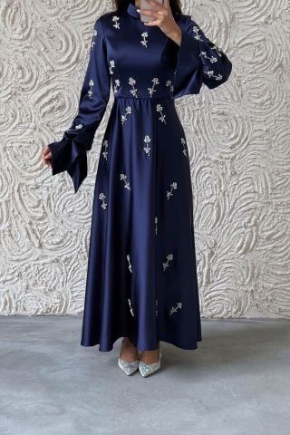 Satin Hijab Evening Dress Navy Blue Fascinating with Its Details