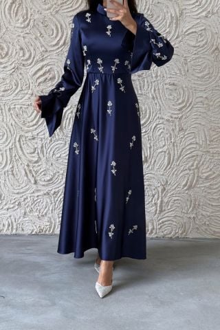 Satin Hijab Evening Dress Navy Blue Fascinating with Its Details