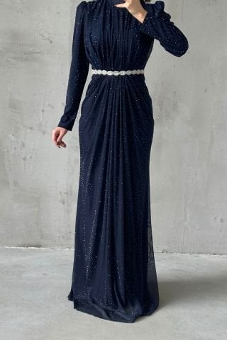 Işıltılı Belden Taş Detaylı Örme Sim Tesettür Abiye Lacivert