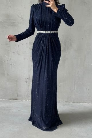 Sparkly Waist Stone Detailed Knitted Glitter Hijab Evening Dress Navy Blue