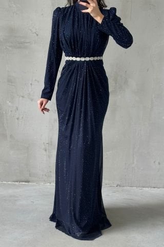 Işıltılı Belden Taş Detaylı Örme Sim Tesettür Abiye Lacivert