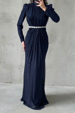 Işıltılı Belden Taş Detaylı Örme Sim Tesettür Abiye Lacivert