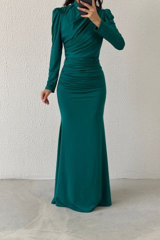 Basic Fish Model Sendi Fabric Hijab Evening Dress Emerald Green