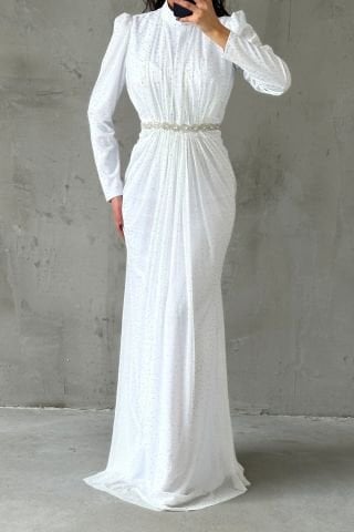 Işıltılı Belden Taş Detaylı Örme Sim Tesettür Abiye Ekru