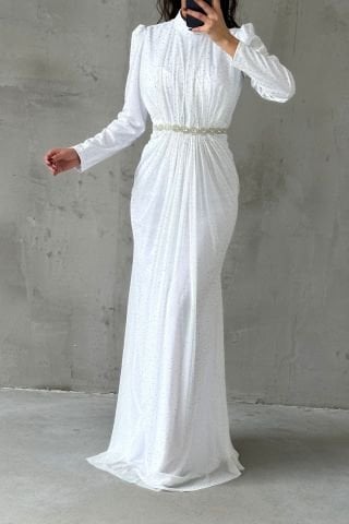 Işıltılı Belden Taş Detaylı Örme Sim Tesettür Abiye Ekru