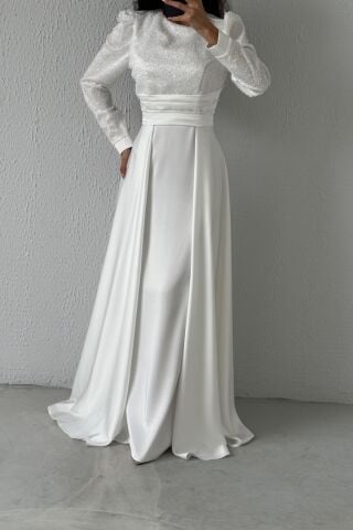 Pelerinli Belden Pilise Detaylı Saten Tesettür Abiye Ekru