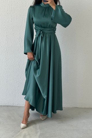 Flowing Elegance: Flounce Sleeve Satin Hijab Evening Dress Mint Green